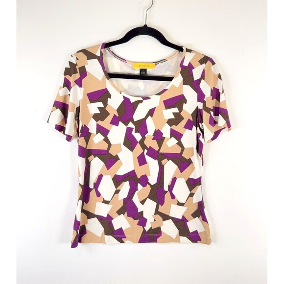 St. John Tops - St John Womens Top Beige Abstract Short Sleeve Stretch Blouse Casual Size Small